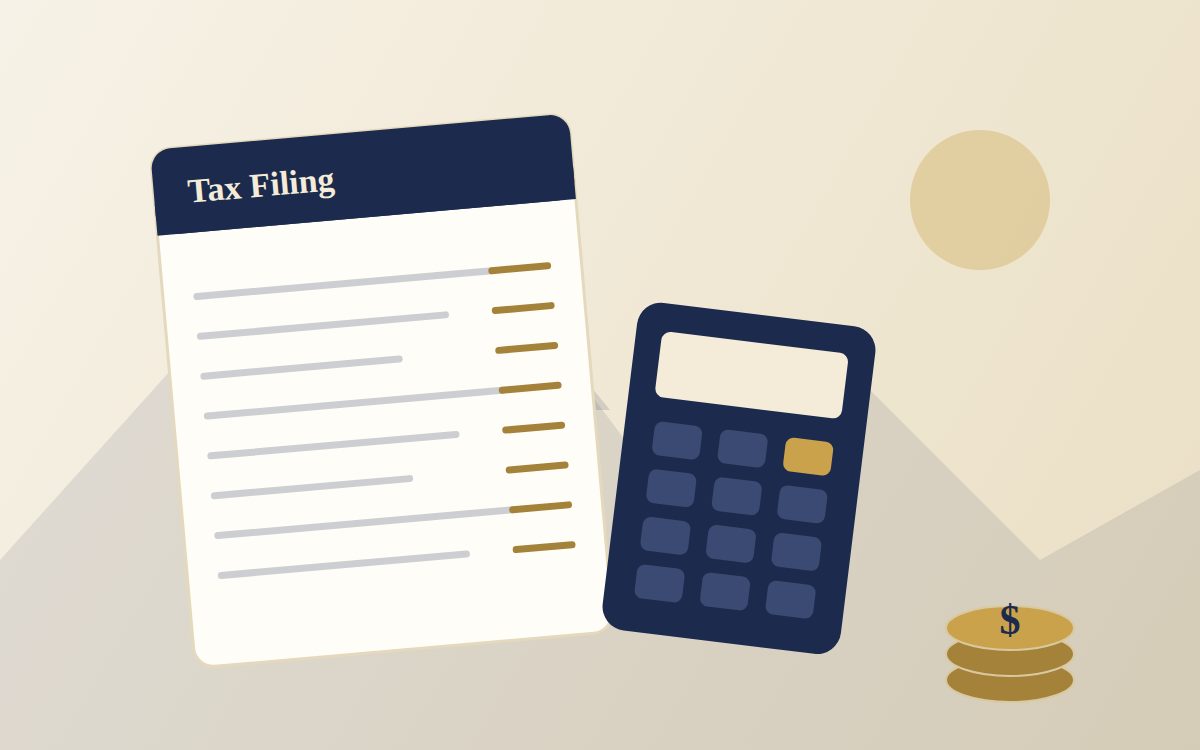 A tidy desk with a laptop, a calculator, and organized tax documents in warm natural light.